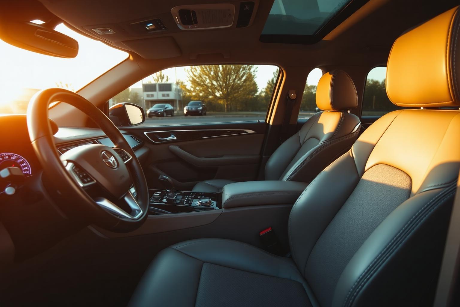 Pristine clean luxury car interior with detailed leather seats and dashboard